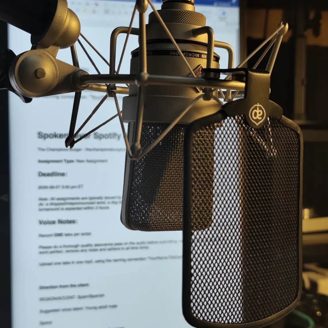 Voice over script on screen next to a studio microphone